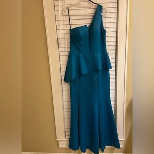 Teal/blue one shoulder,asymmetric, long dress w/ peplum.